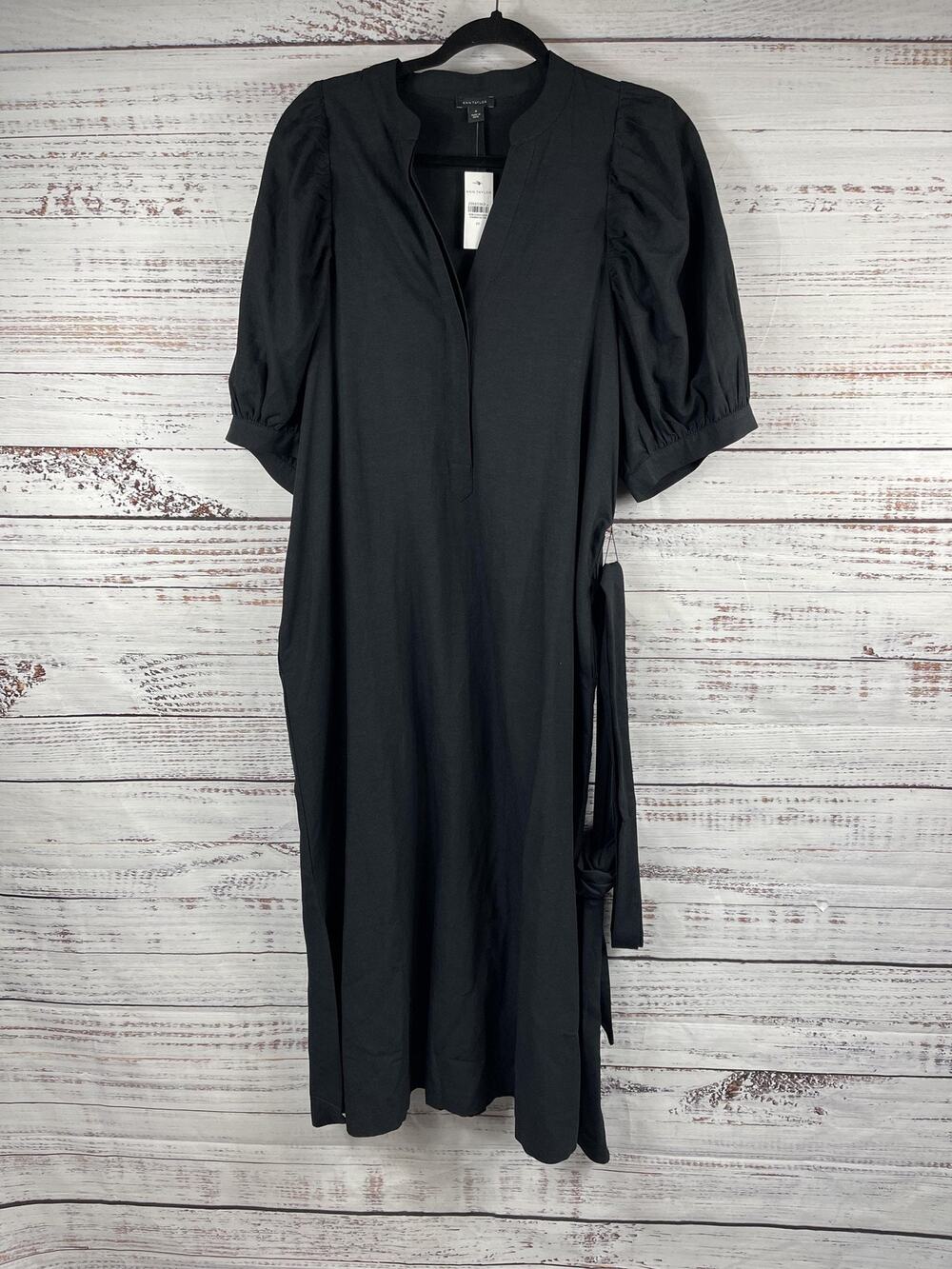 Ann Taylor Dress Women's SZ Medium Black Puff Sleeve Maxi V Neck Pockets Belted